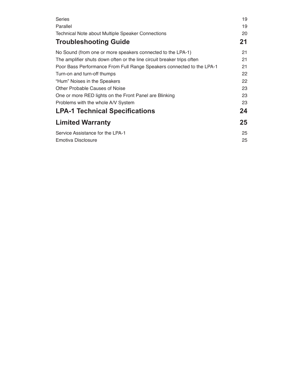 Troubleshooting guide 21 | Emotiva LPA-1 User Manual | Page 3 / 26