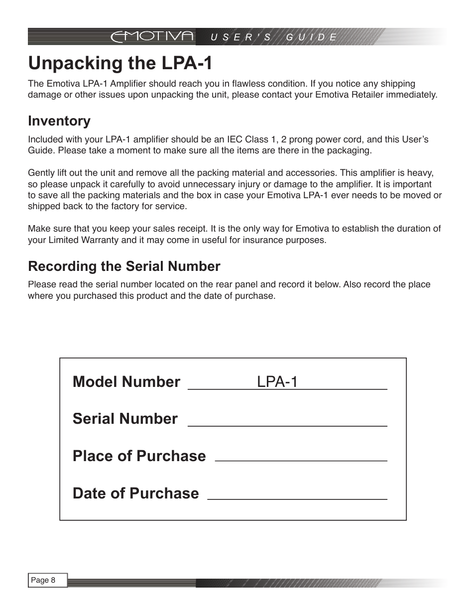 Unpacking the lpa-1, Inventory, Recording the serial number | Emotiva LPA-1 User Manual | Page 8 / 26