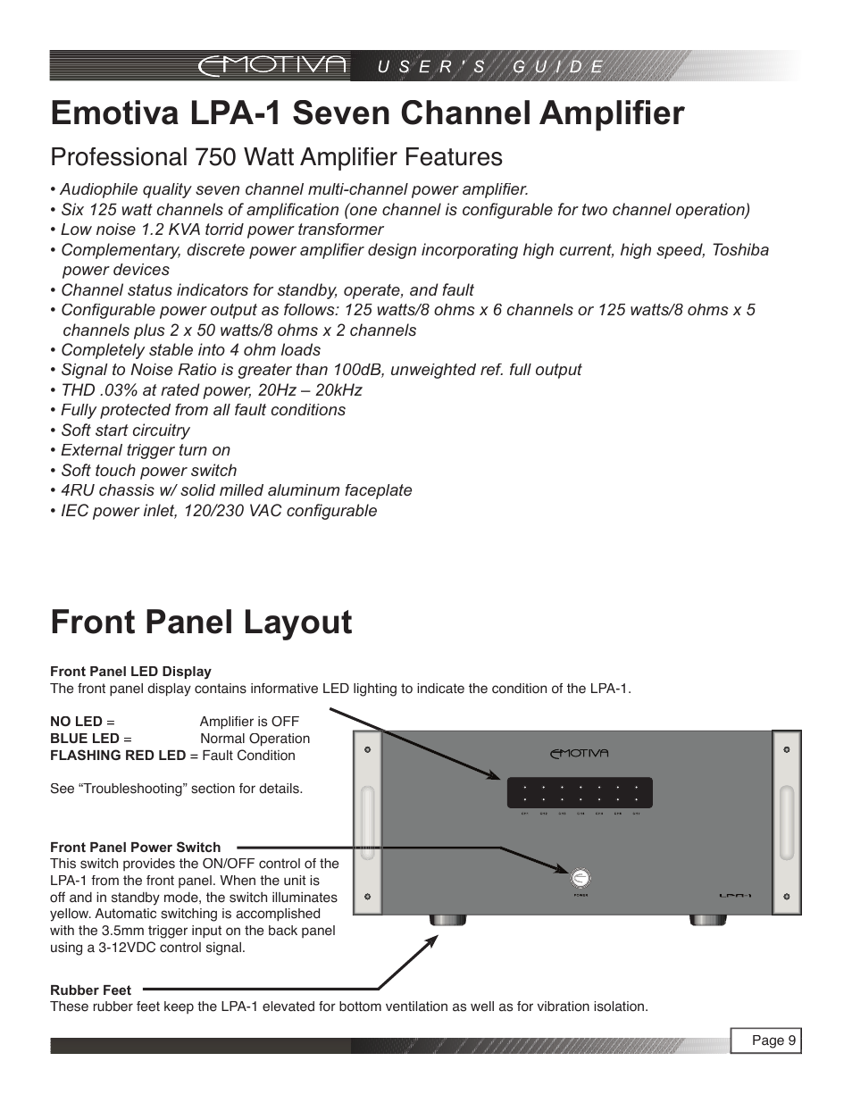 Emotiva lpa-1 seven channel amplifi er, Front panel layout, Professional 750 watt amplifier features | Emotiva LPA-1 User Manual | Page 9 / 26