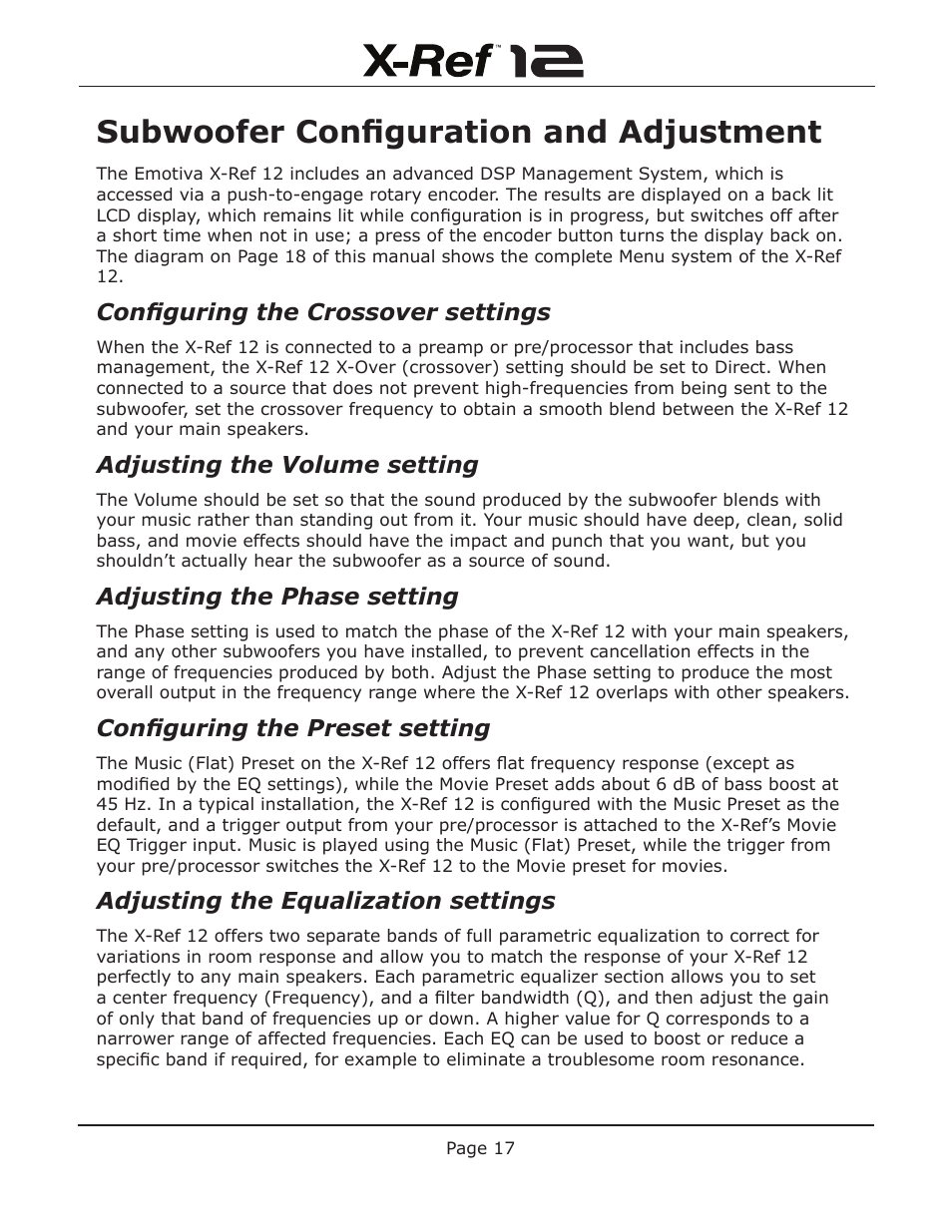 Subwoofer configuration and adjustment, Configuring the crossover settings, Adjusting the volume setting | Adjusting the phase setting, Configuring the preset setting, Adjusting the equalization settings | Emotiva X-Ref 12 User Manual | Page 21 / 32