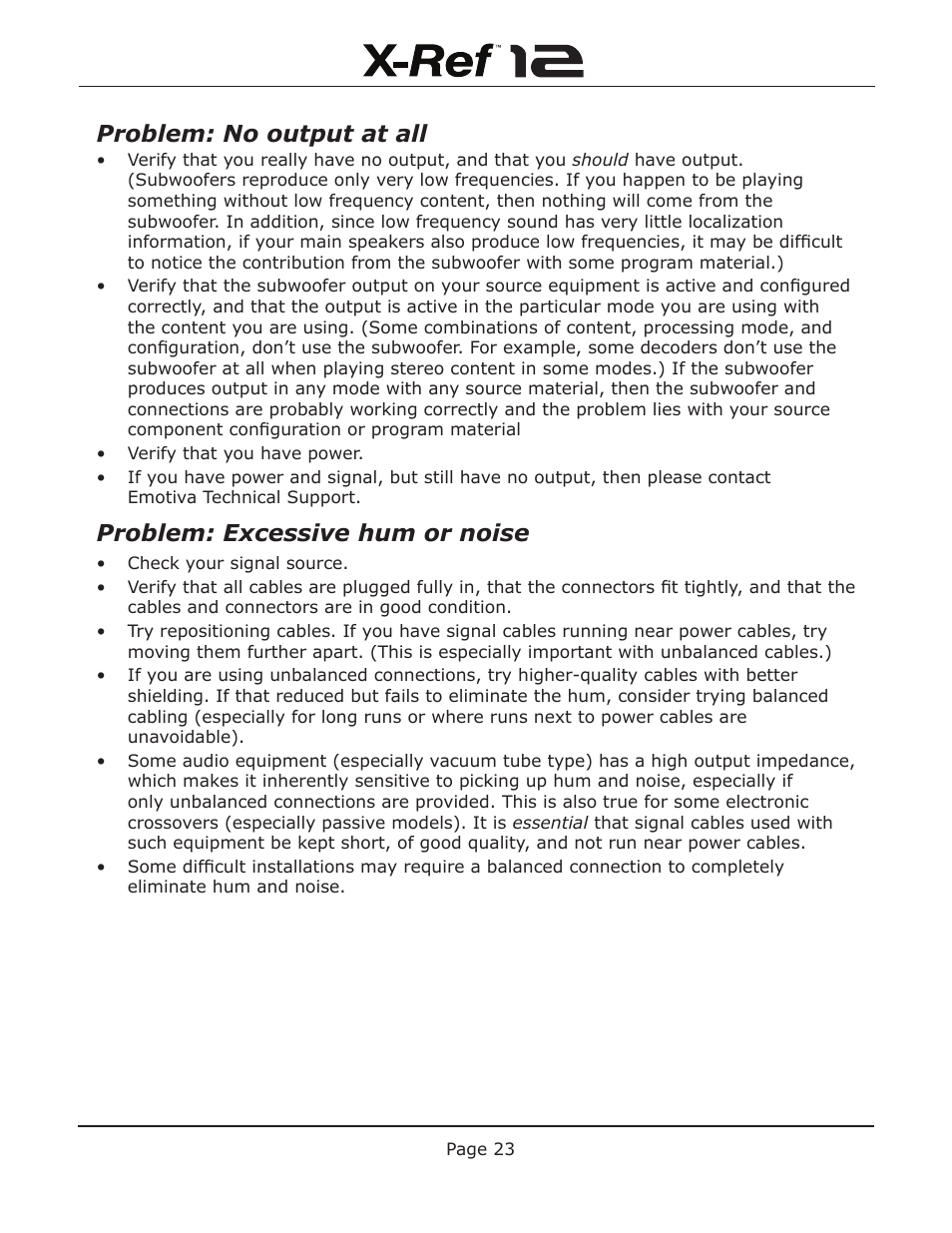 Problem: no output at all, Problem: excessive hum or noise | Emotiva X-Ref 12 User Manual | Page 27 / 32