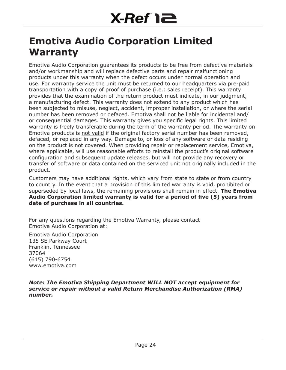 Emotiva audio corporation limited warranty | Emotiva X-Ref 12 User Manual | Page 28 / 32