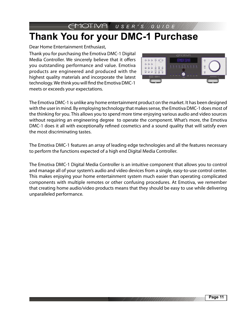 Thank you for your dmc-1 purchase | Emotiva DMC-1 User Manual | Page 11 / 96