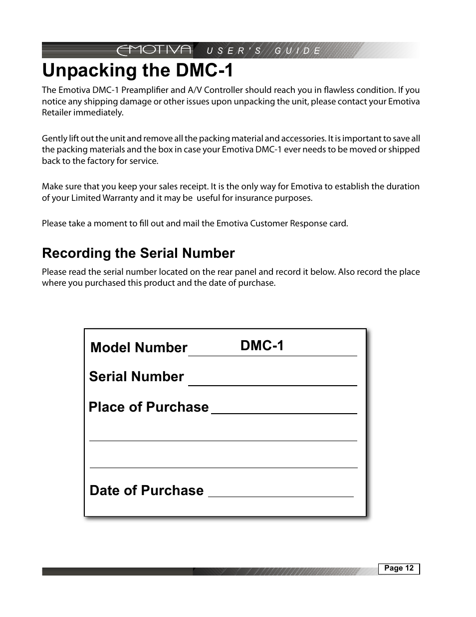 Unpacking the dmc-1, Recording the serial number | Emotiva DMC-1 User Manual | Page 12 / 96
