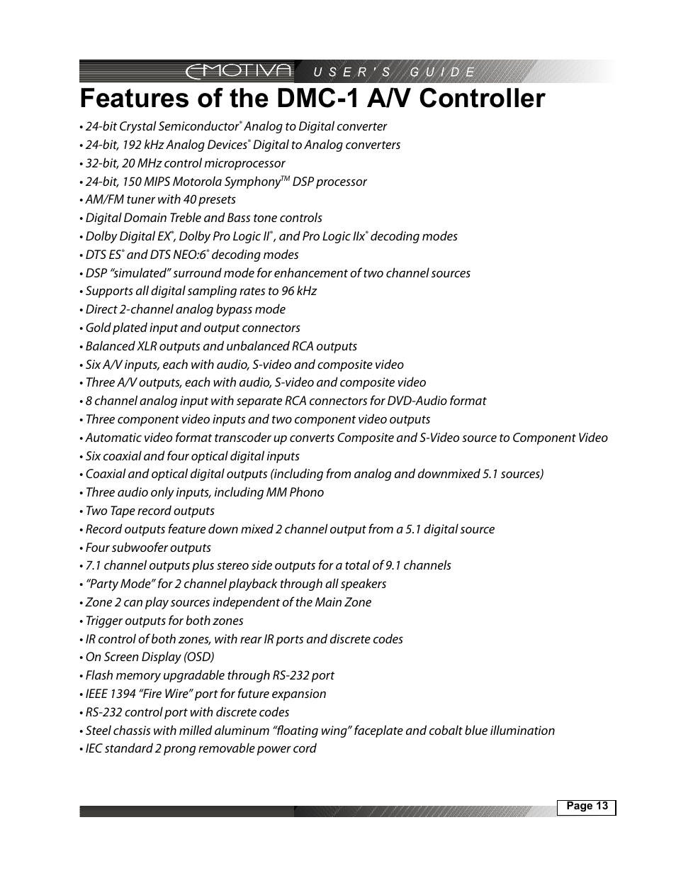 Features of the dmc-1 a/v controller | Emotiva DMC-1 User Manual | Page 13 / 96