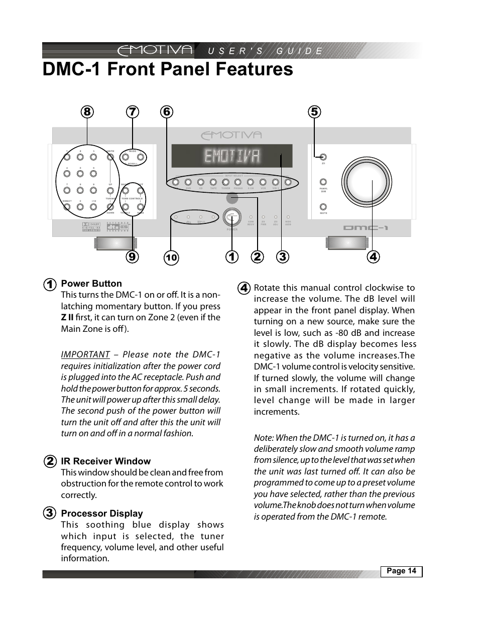 Dmc-1 front panel features, Power button, 14 processor display | 14 ir receiver window | Emotiva DMC-1 User Manual | Page 14 / 96