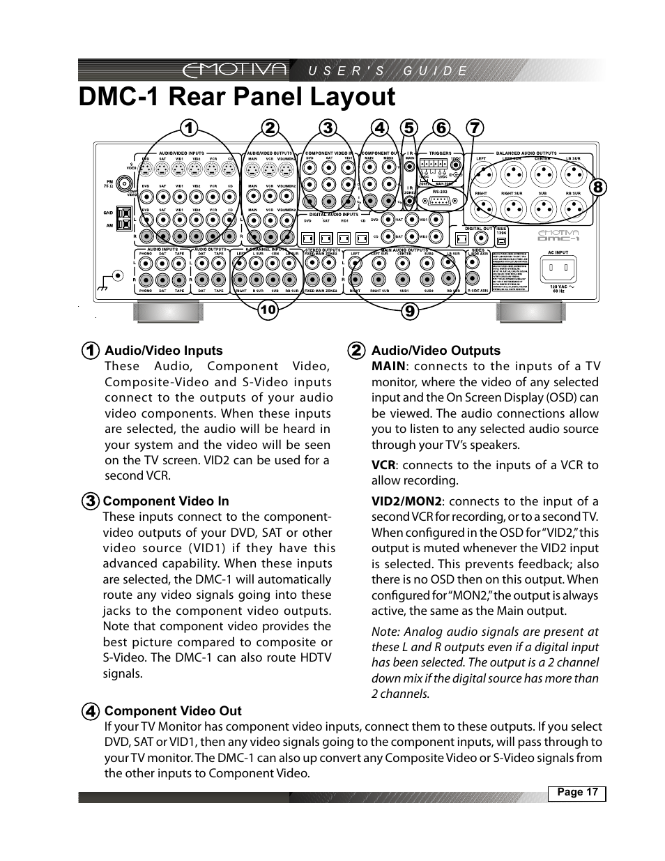 Dmc-1 rear panel layout, Component video in, 17 component video out | 17 audio/video inputs, 17 audio/video outputs | Emotiva DMC-1 User Manual | Page 17 / 96