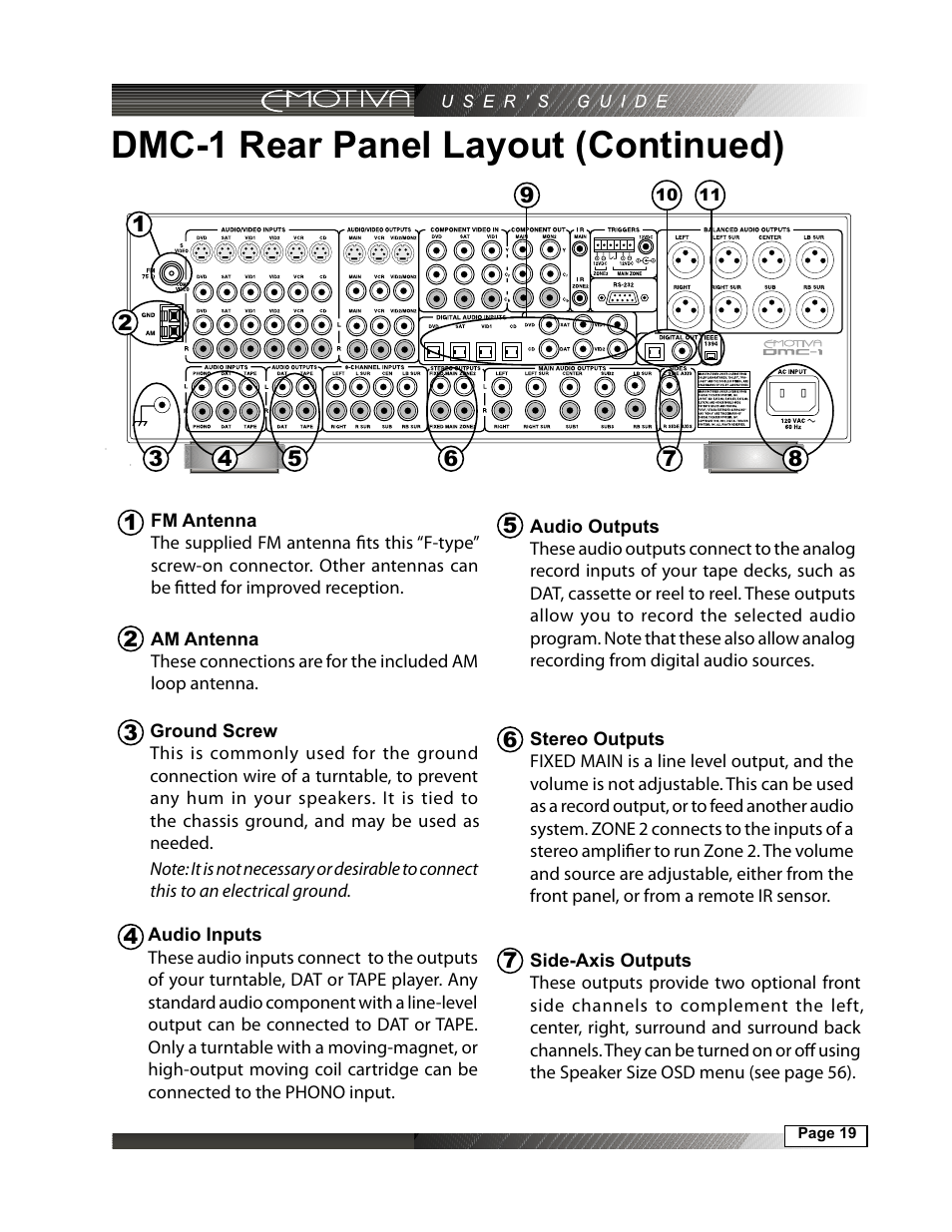 Dmc-1 rear panel layout (continued), Audio inputs, 19 ground screw | 19 fm antenna, 19 am antenna, 19 side-axis outputs, 19 audio outputs, 19 stereo outputs | Emotiva DMC-1 User Manual | Page 19 / 96
