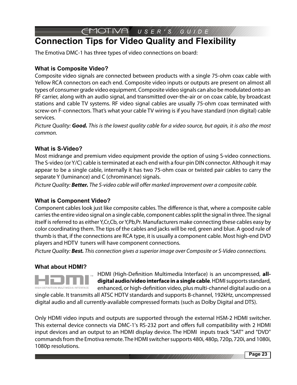 Connection tips for video quality and flexibility, What is composite video, 23 what is s-video | 23 what is component video, 23 what about hdmi | Emotiva DMC-1 User Manual | Page 23 / 96