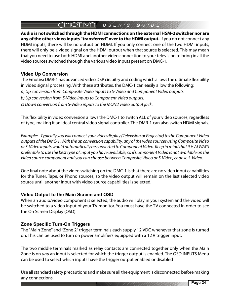 Video up conversion, 24 video output to the main screen and osd, 24 zone specific turn-on triggers | Emotiva DMC-1 User Manual | Page 24 / 96