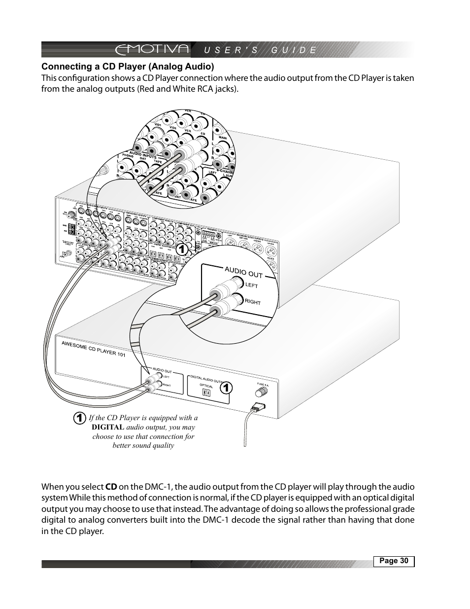 Connecting a cd player (analog audio) | Emotiva DMC-1 User Manual | Page 30 / 96