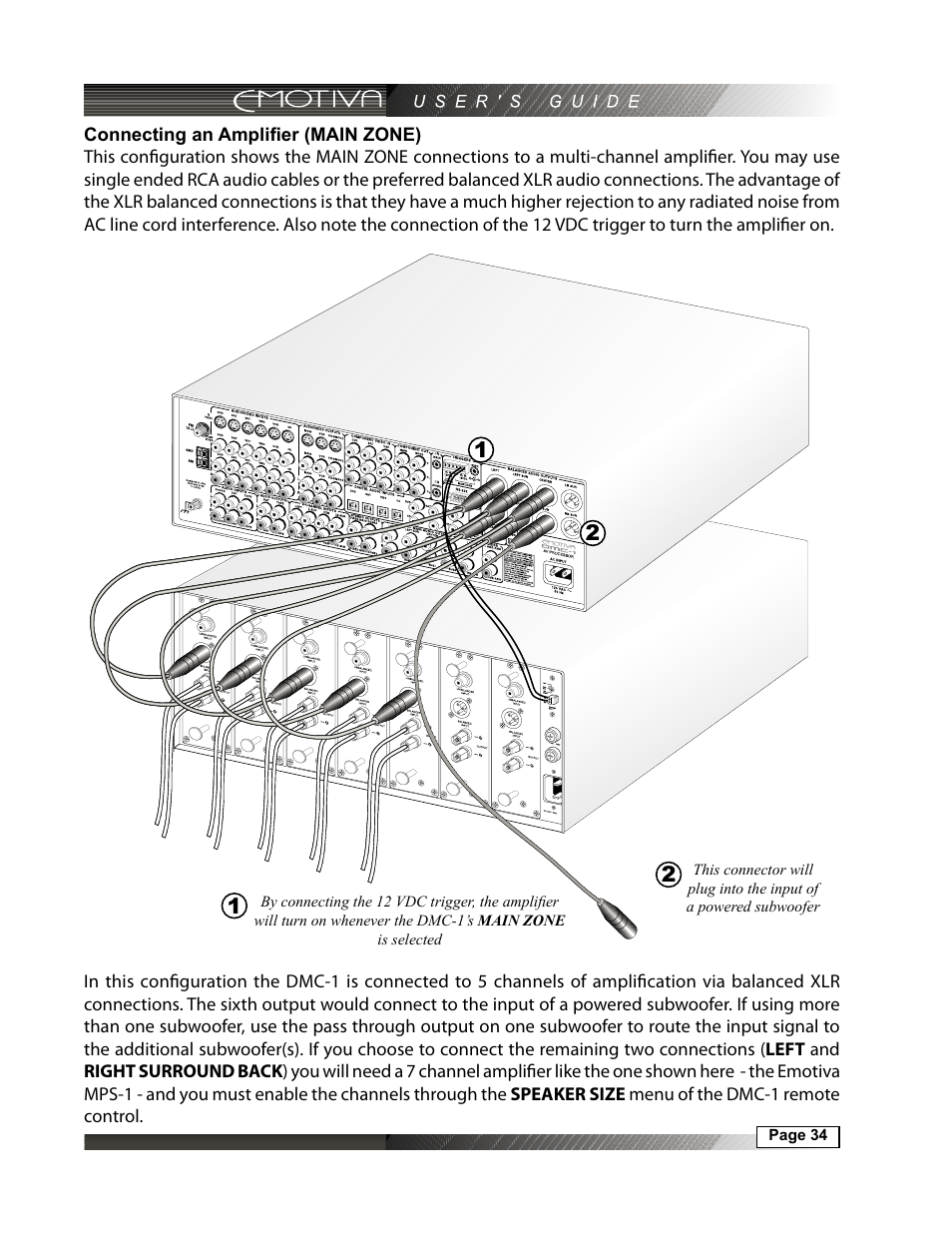 Connecting an amplifier (main zone) | Emotiva DMC-1 User Manual | Page 34 / 96