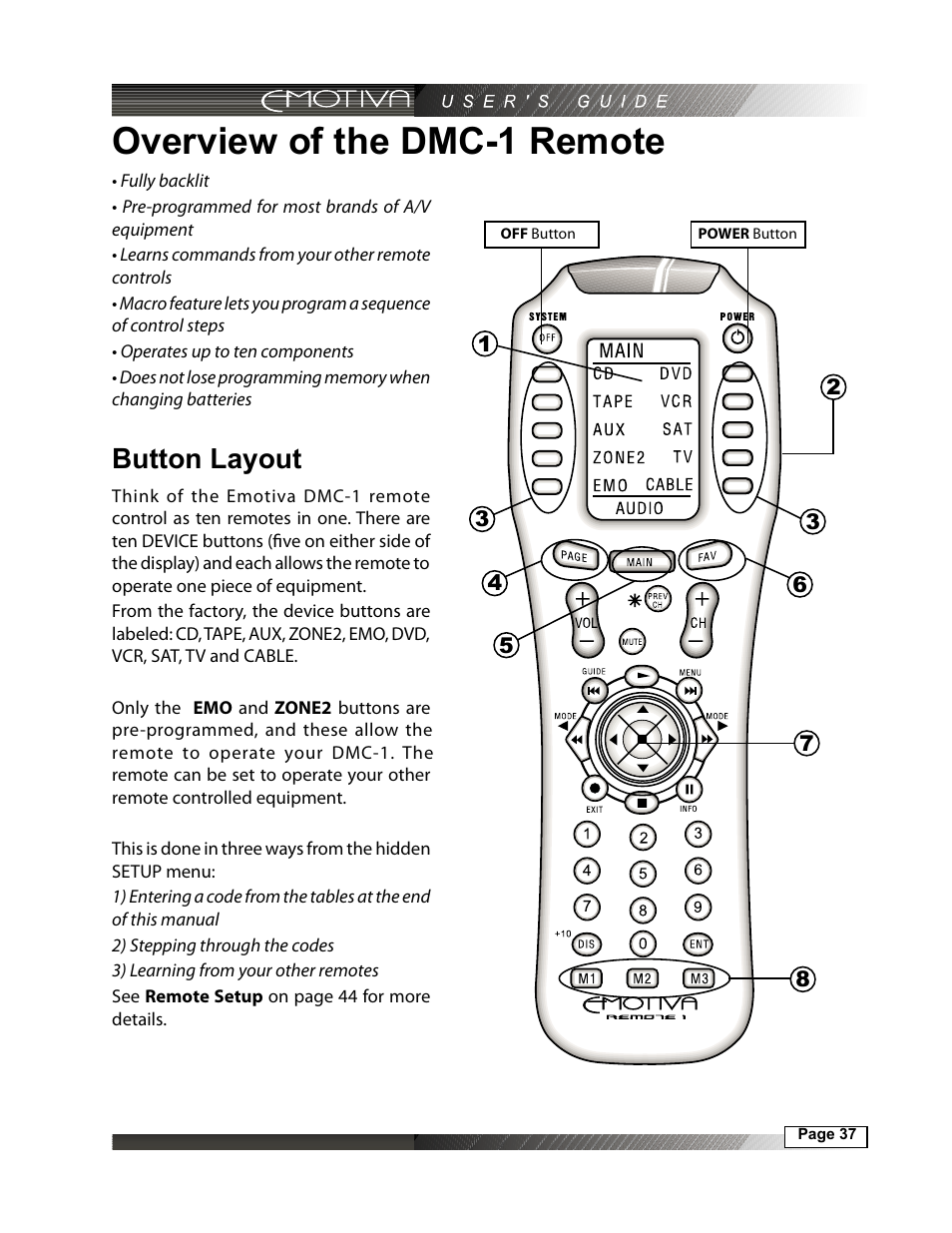Overview of the dmc-1 remote, Button layout | Emotiva DMC-1 User Manual | Page 37 / 96