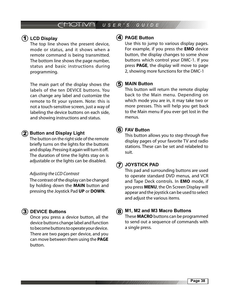 Button and display light, 38 device buttons, 38 lcd display | 38 main button, 38 fav button, 38 joystick pad, M1, m2 and m3 macro buttons | Emotiva DMC-1 User Manual | Page 38 / 96