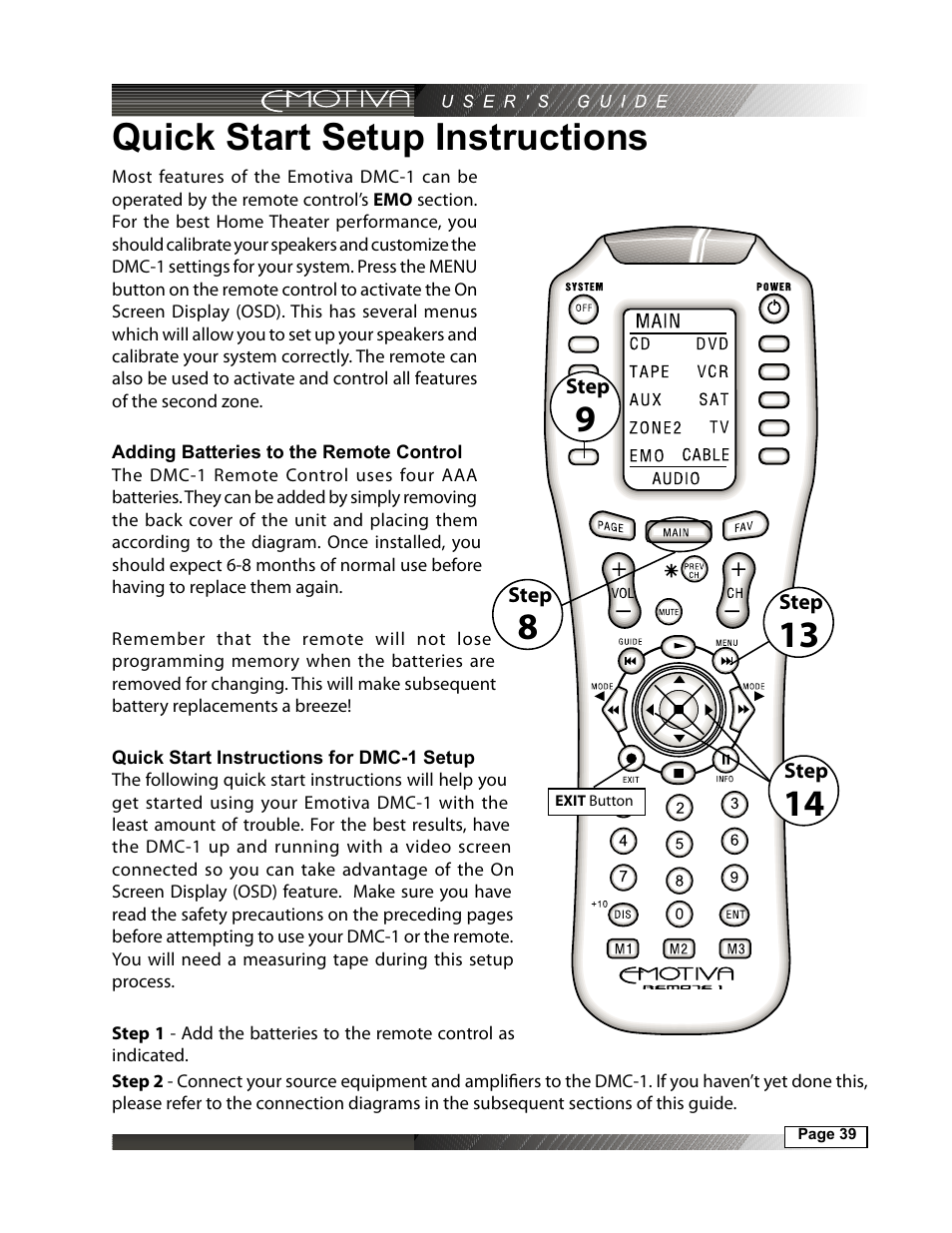 Quick start setup instructions, Adding batteries to the remote control, 39 quick start instructions for dmc-1 setup | Emotiva DMC-1 User Manual | Page 39 / 96