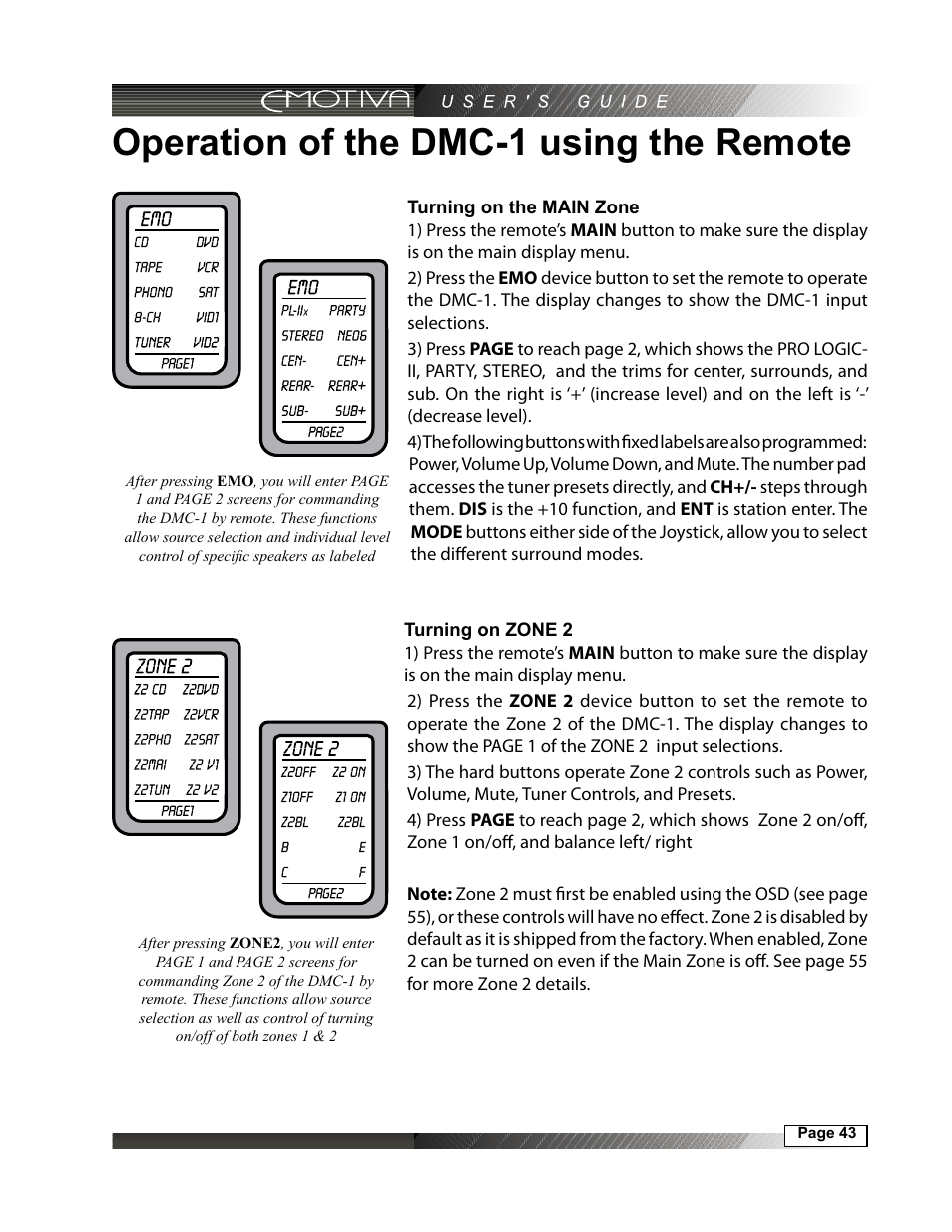 Operation of the dmc-1 using the remote, Turning on the main zone, 43 turning on zone 2 | Emotiva DMC-1 User Manual | Page 43 / 96