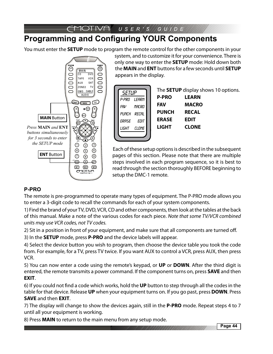 Programming and configuring your components, P-pro | Emotiva DMC-1 User Manual | Page 44 / 96
