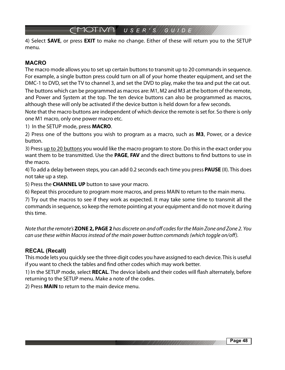 Macro, 48 recal (recall) | Emotiva DMC-1 User Manual | Page 48 / 96