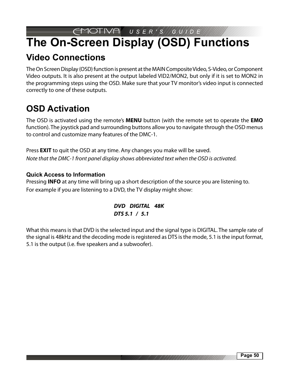 The on-screen display (osd) functions, Video connections, Osd activation | Quick access to information | Emotiva DMC-1 User Manual | Page 50 / 96