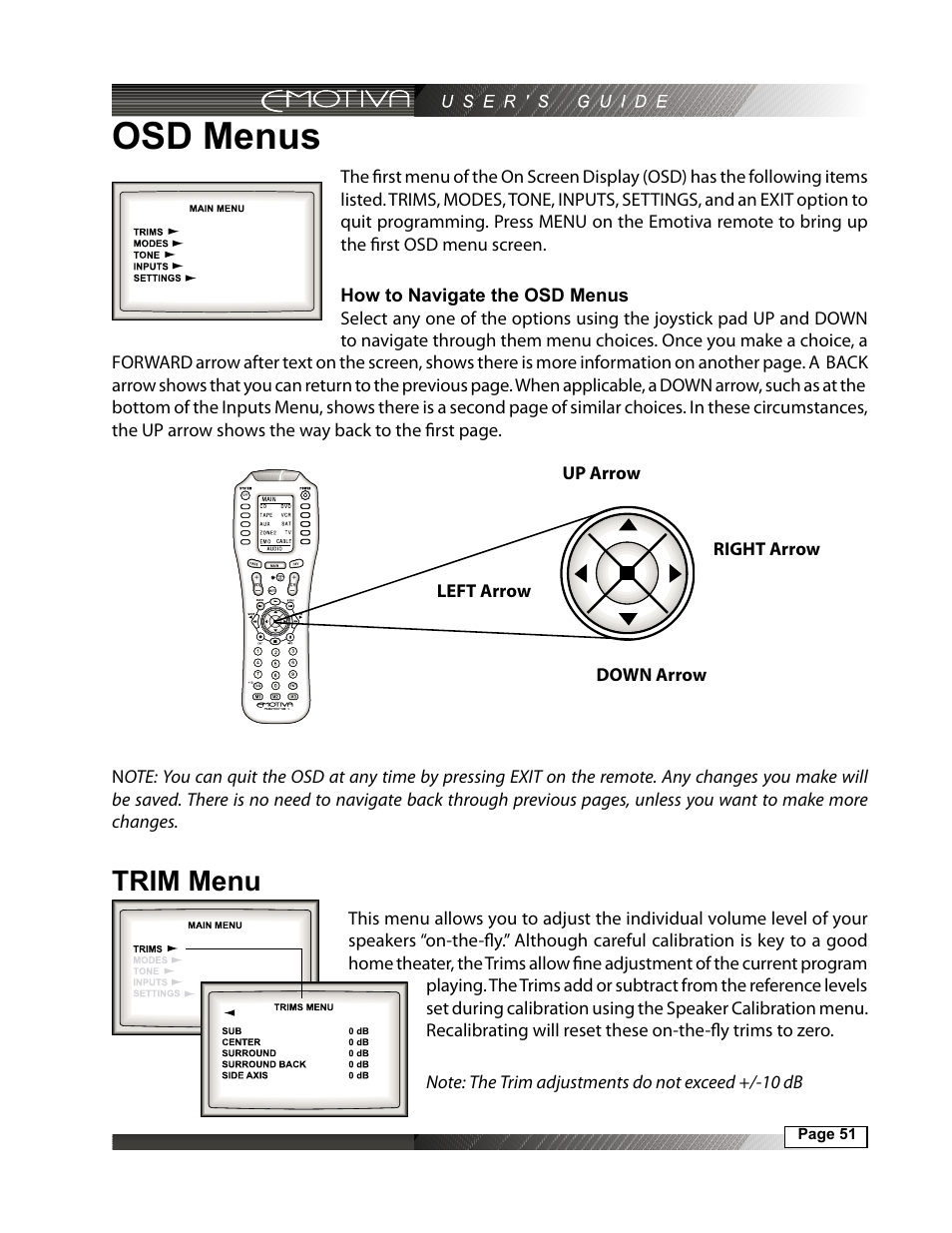 Osd menus, How to navigate the osd menus, Trim menu | Emotiva DMC-1 User Manual | Page 51 / 96
