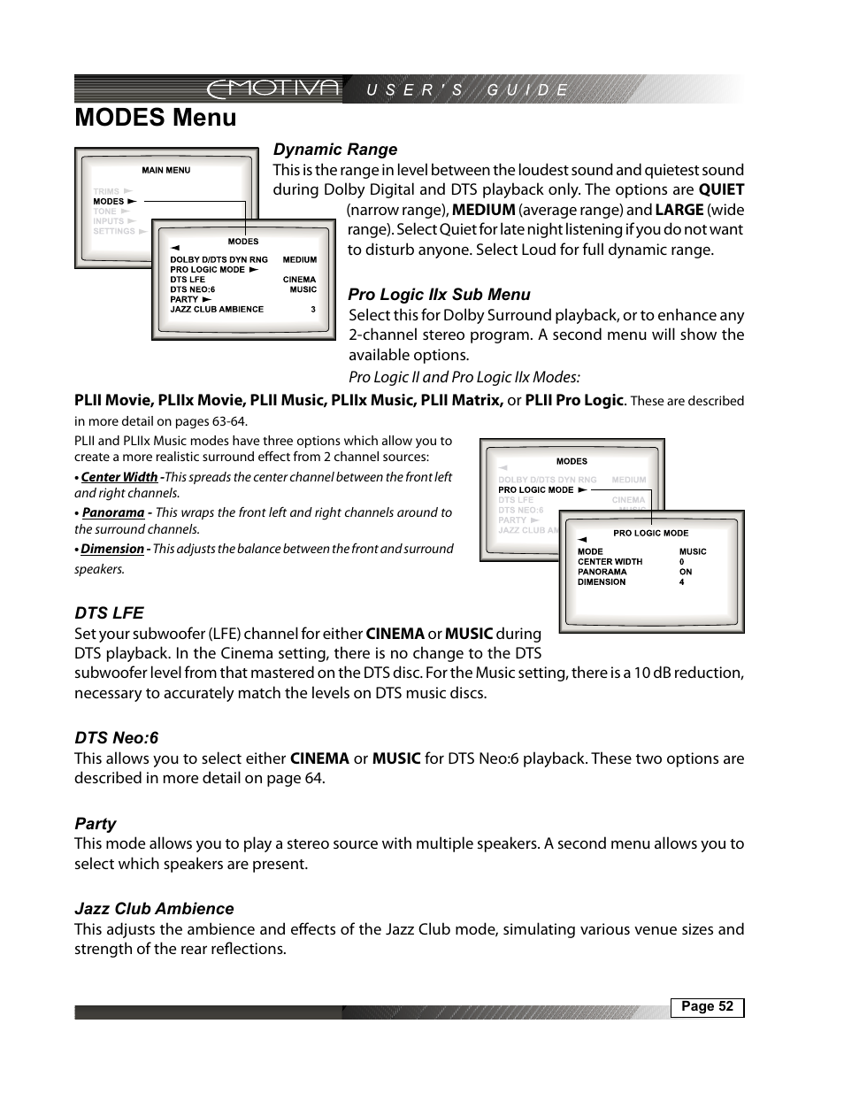 Modes menu, Dynamic range, 52 pro logic iix sub menu | 52 dts lfe, 52 dts neo:6, 52 party, 52 jazz club ambience | Emotiva DMC-1 User Manual | Page 52 / 96