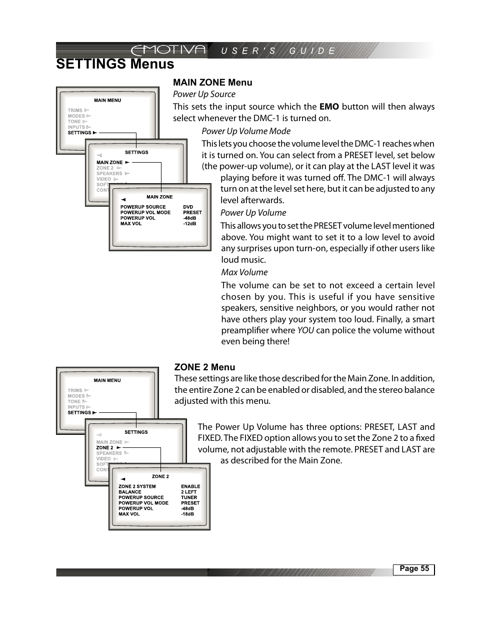 Settings menus, Main zone menu, Zone 2 menu | Emotiva DMC-1 User Manual | Page 55 / 96