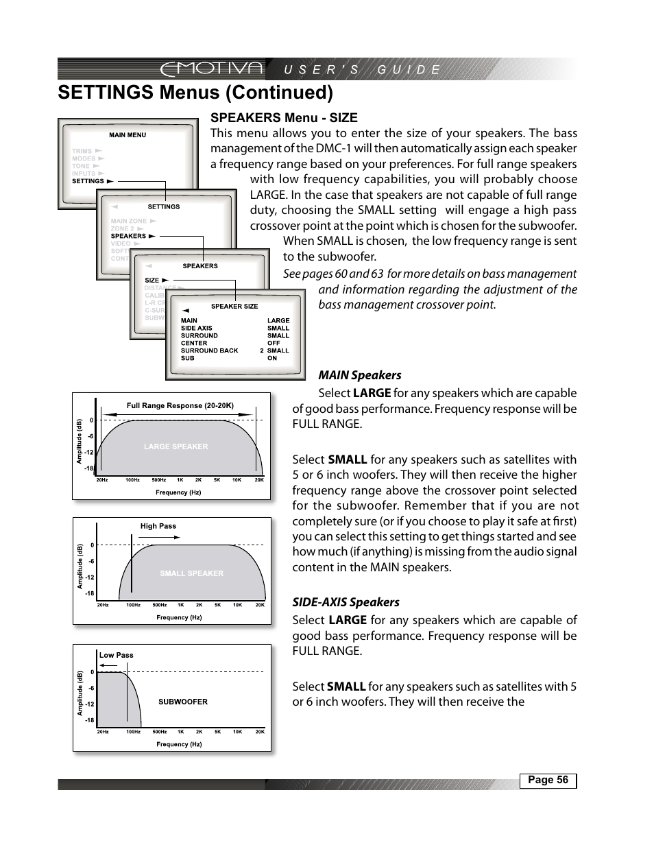 Settings menus (continued), Speakers menu - size | Emotiva DMC-1 User Manual | Page 56 / 96