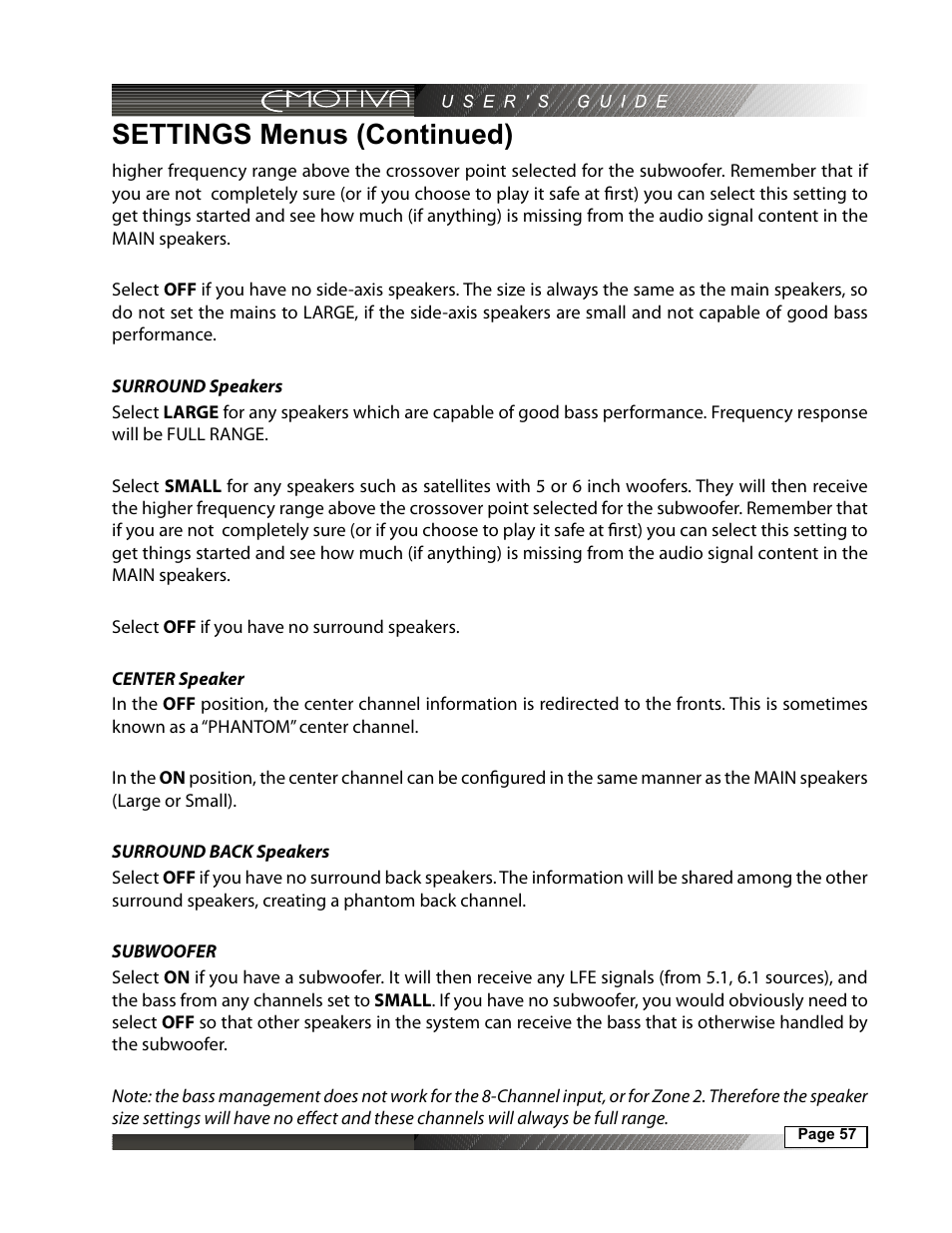 Settings menus (continued) | Emotiva DMC-1 User Manual | Page 57 / 96