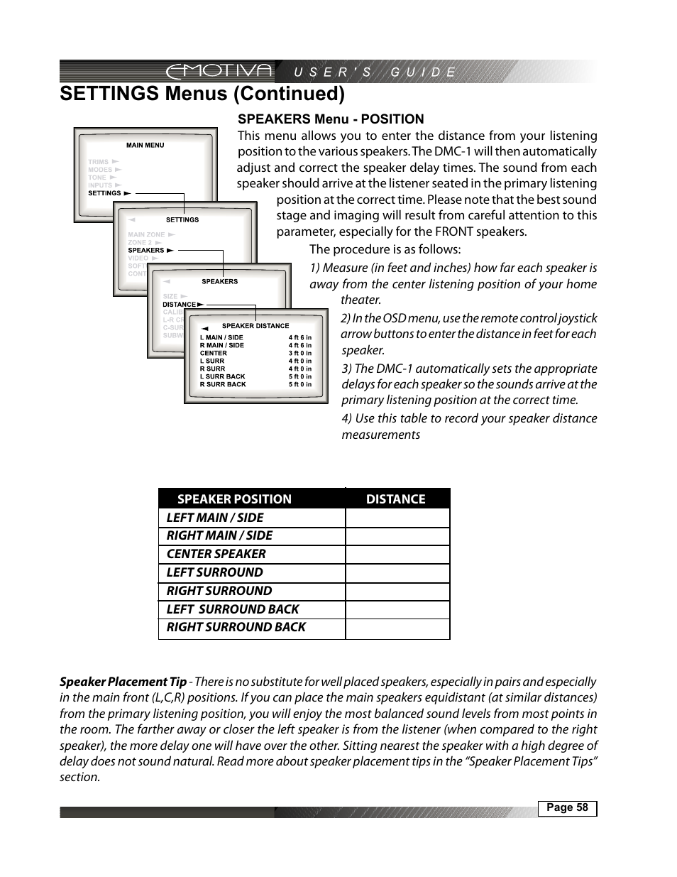 Settings menus (continued), Speakers menu - position | Emotiva DMC-1 User Manual | Page 58 / 96