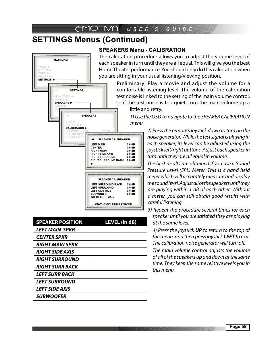 Settings menus (continued), Speakers menu - calibration | Emotiva DMC-1 User Manual | Page 59 / 96