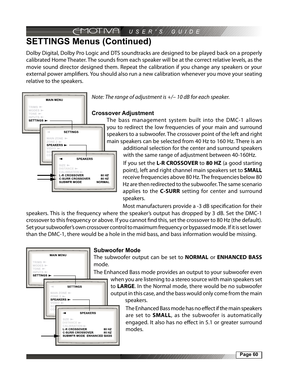 Settings menus (continued), Crossover adjustment, 60 subwoofer mode | Emotiva DMC-1 User Manual | Page 60 / 96