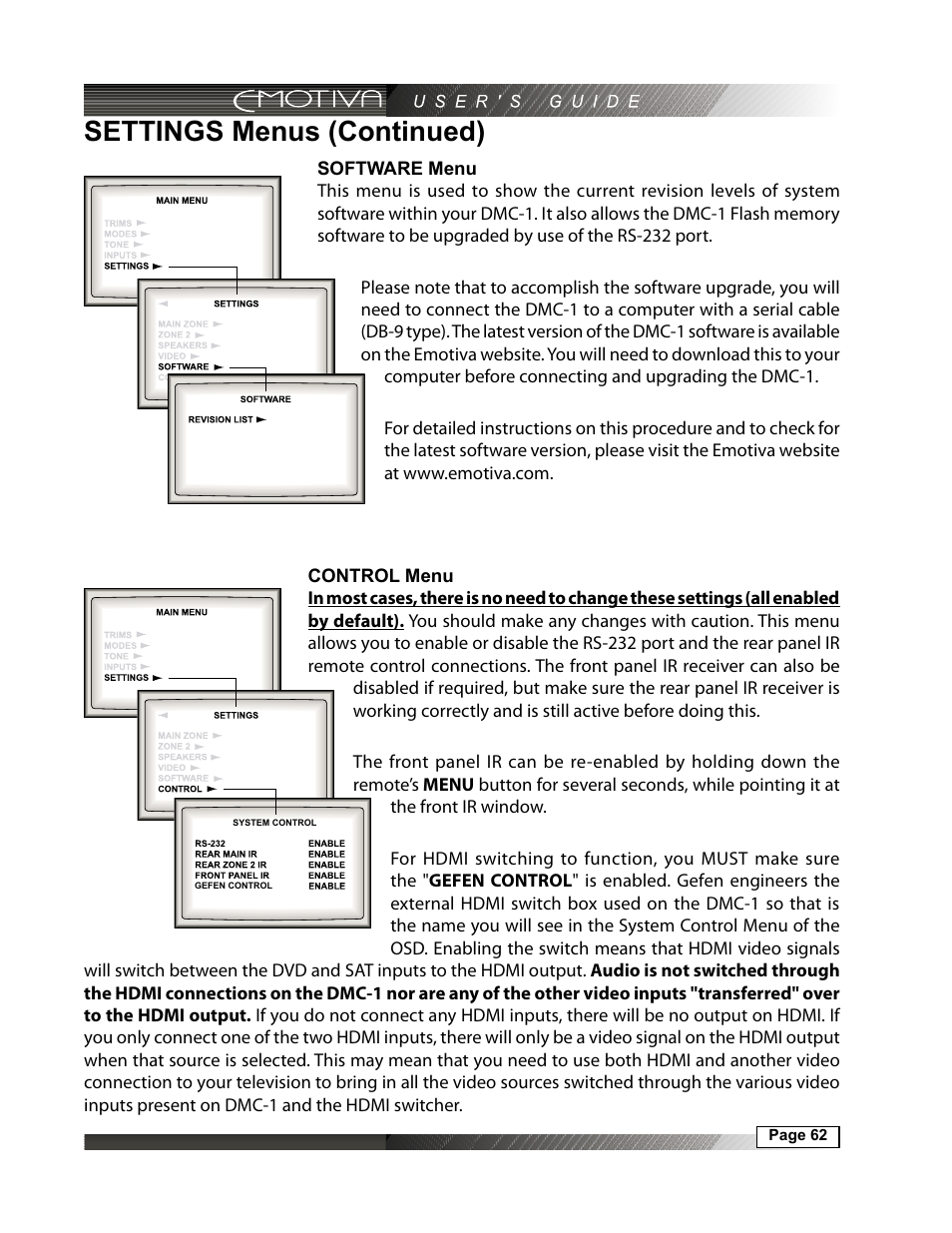 Settings menus (continued), Software menu, 62 control menu | Emotiva DMC-1 User Manual | Page 62 / 96