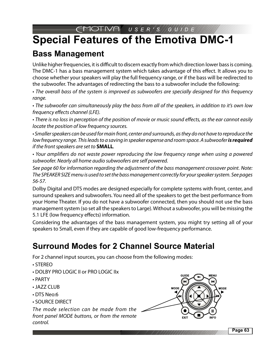 Special features of the emotiva dmc-1, Bass management, Surround modes for 2 channel source material | Emotiva DMC-1 User Manual | Page 63 / 96