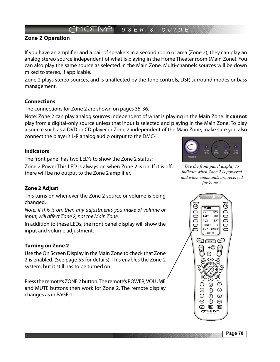 Zone 2 operation | Emotiva DMC-1 User Manual | Page 70 / 96