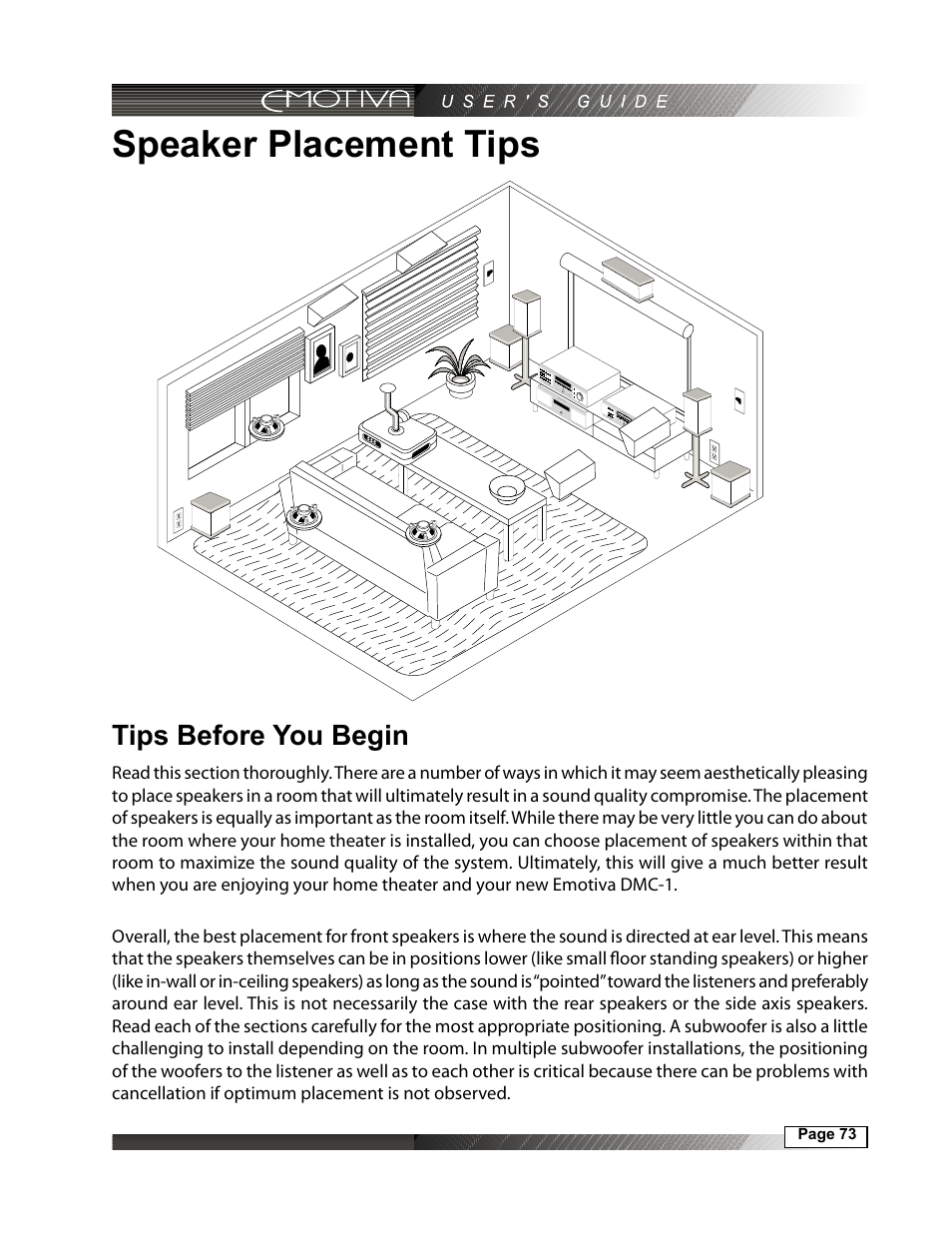 Speaker placement tips, Tips before you begin | Emotiva DMC-1 User Manual | Page 73 / 96