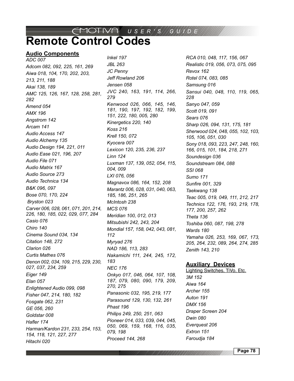 Remote control codes, Audio components, 78 auxiliary devices | Emotiva DMC-1 User Manual | Page 78 / 96