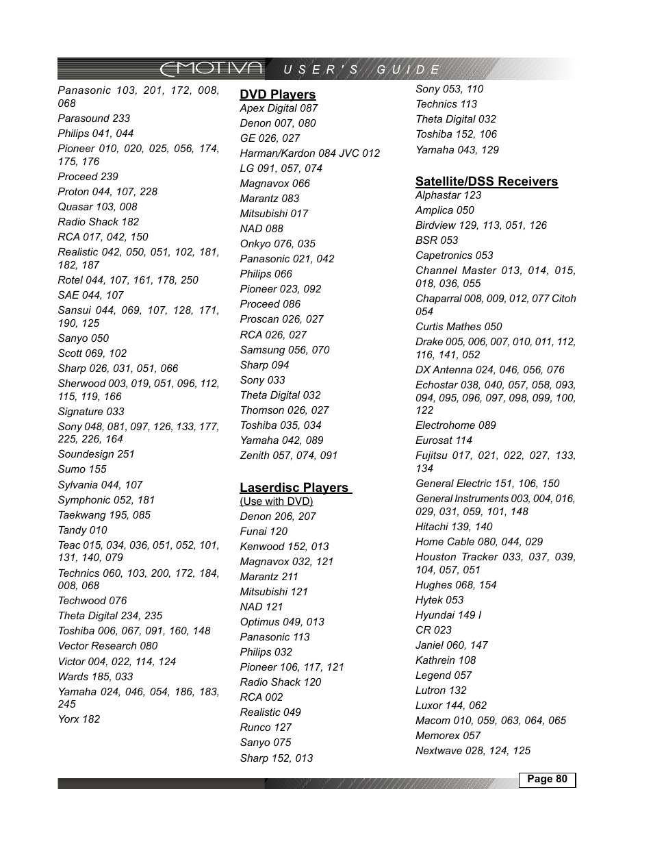Dvd players, 80 laserdisc players, 80 satellite/dss receivers | Emotiva DMC-1 User Manual | Page 80 / 96