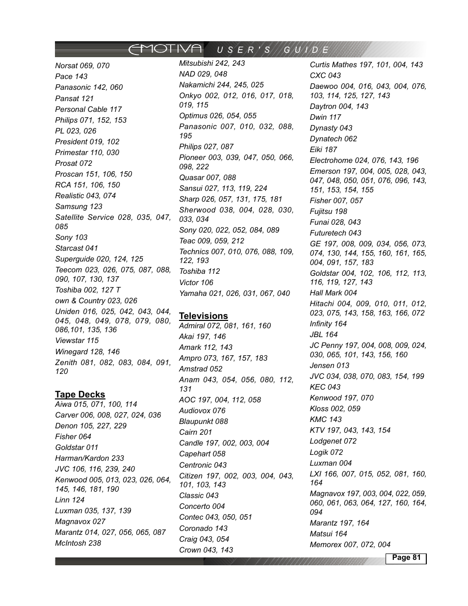 Tape decks, 81 televisions | Emotiva DMC-1 User Manual | Page 81 / 96
