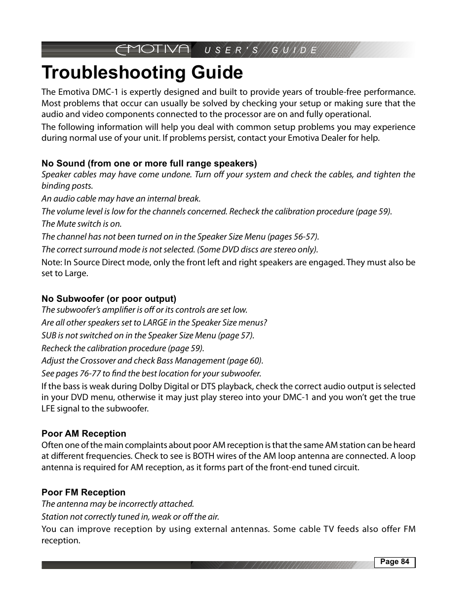 Troubleshooting guide, No sound (from one or more full range speakers), 84 no subwoofer (or poor output) | 84 poor am reception, 84 poor fm reception | Emotiva DMC-1 User Manual | Page 84 / 96