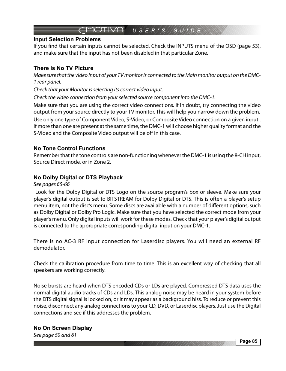 Input selection problems, 85 there is no tv picture, 85 no tone control functions | 85 no dolby digital or dts playback, 85 no on screen display | Emotiva DMC-1 User Manual | Page 85 / 96