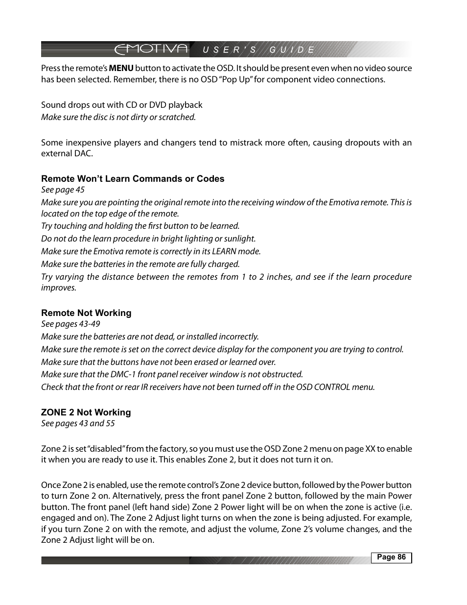 Remote won’t learn commands or codes, 86 remote not working, 86 zone 2 not working | Emotiva DMC-1 User Manual | Page 86 / 96
