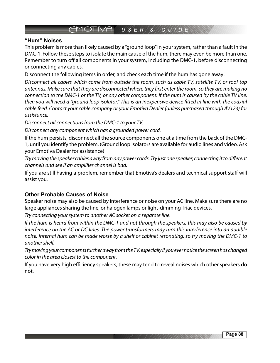 Hum” noises, 88 other probable causes of noise | Emotiva DMC-1 User Manual | Page 88 / 96