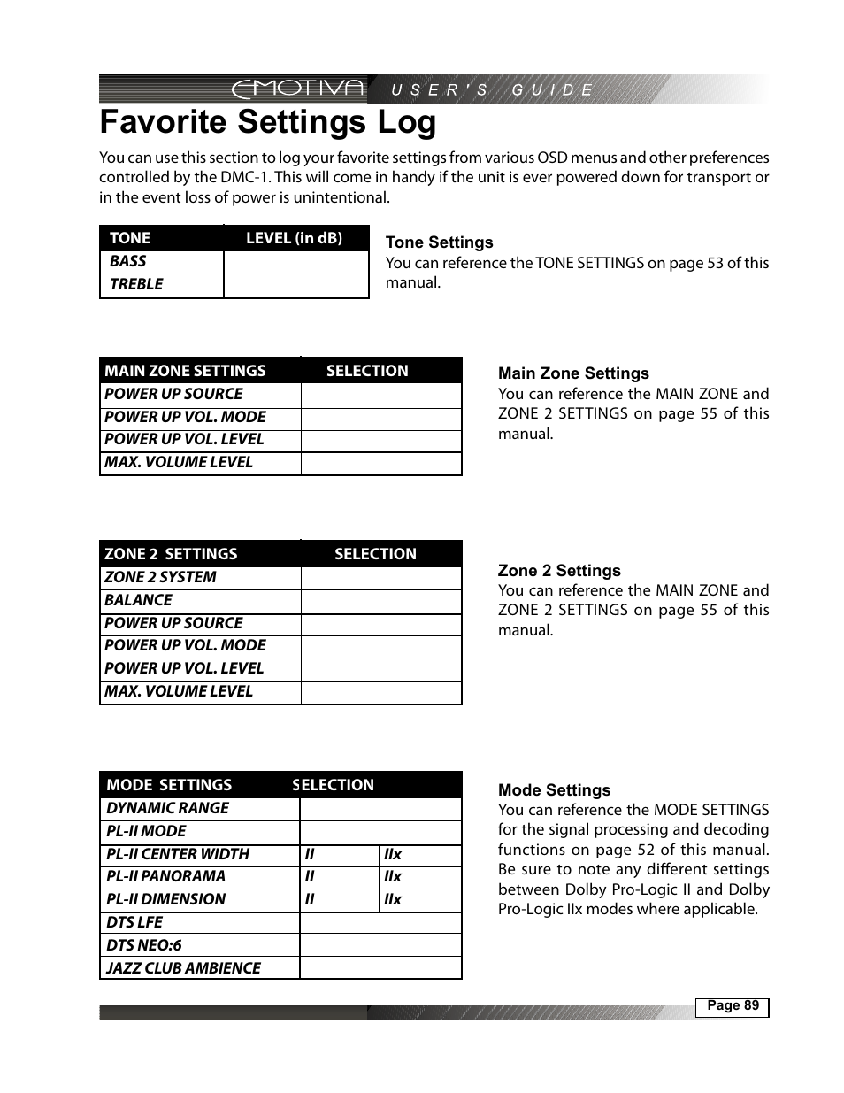 Favorite settings log, Tone settings, 89 main zone settings | 89 zone 2 settings, 89 mode settings | Emotiva DMC-1 User Manual | Page 89 / 96