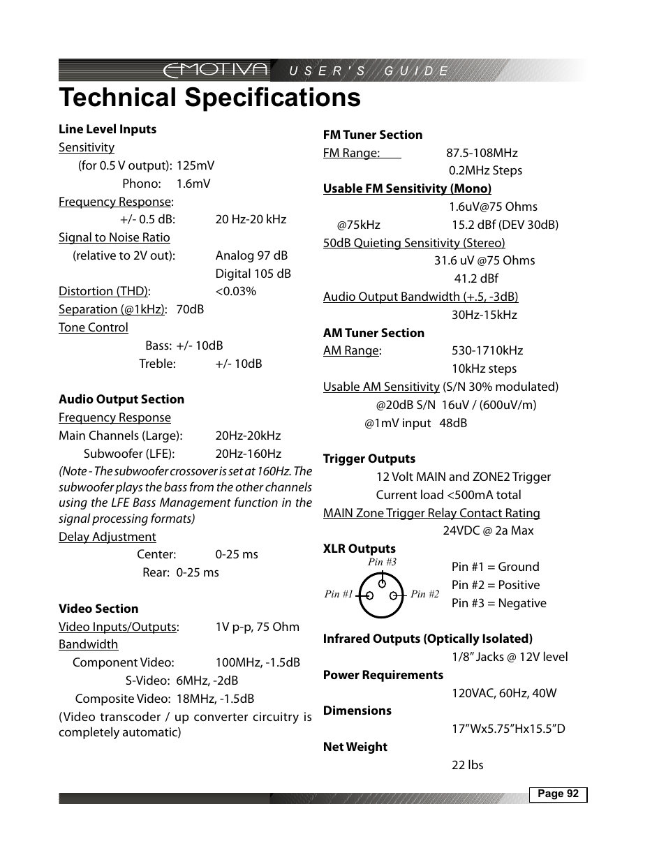 Technical specifications | Emotiva DMC-1 User Manual | Page 92 / 96