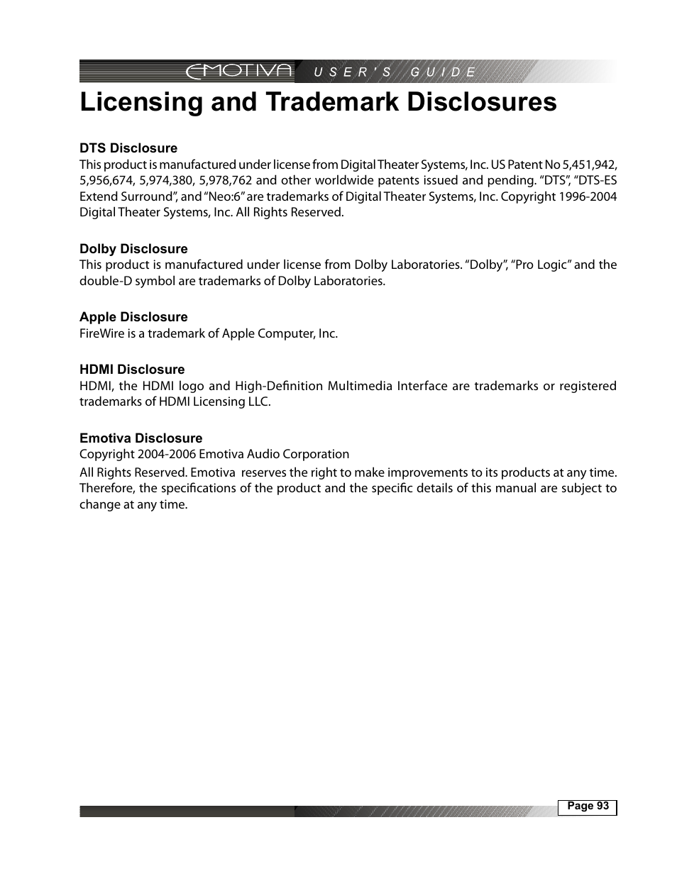 Licensing and trademark disclosures, Dts disclosure, 93 dolby disclosure | 93 apple disclosure, 93 hdmi disclosure, 93 emotiva disclosure | Emotiva DMC-1 User Manual | Page 93 / 96