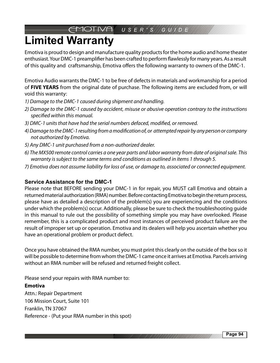 Limited warranty, Service assistance for the dmc-1 | Emotiva DMC-1 User Manual | Page 94 / 96