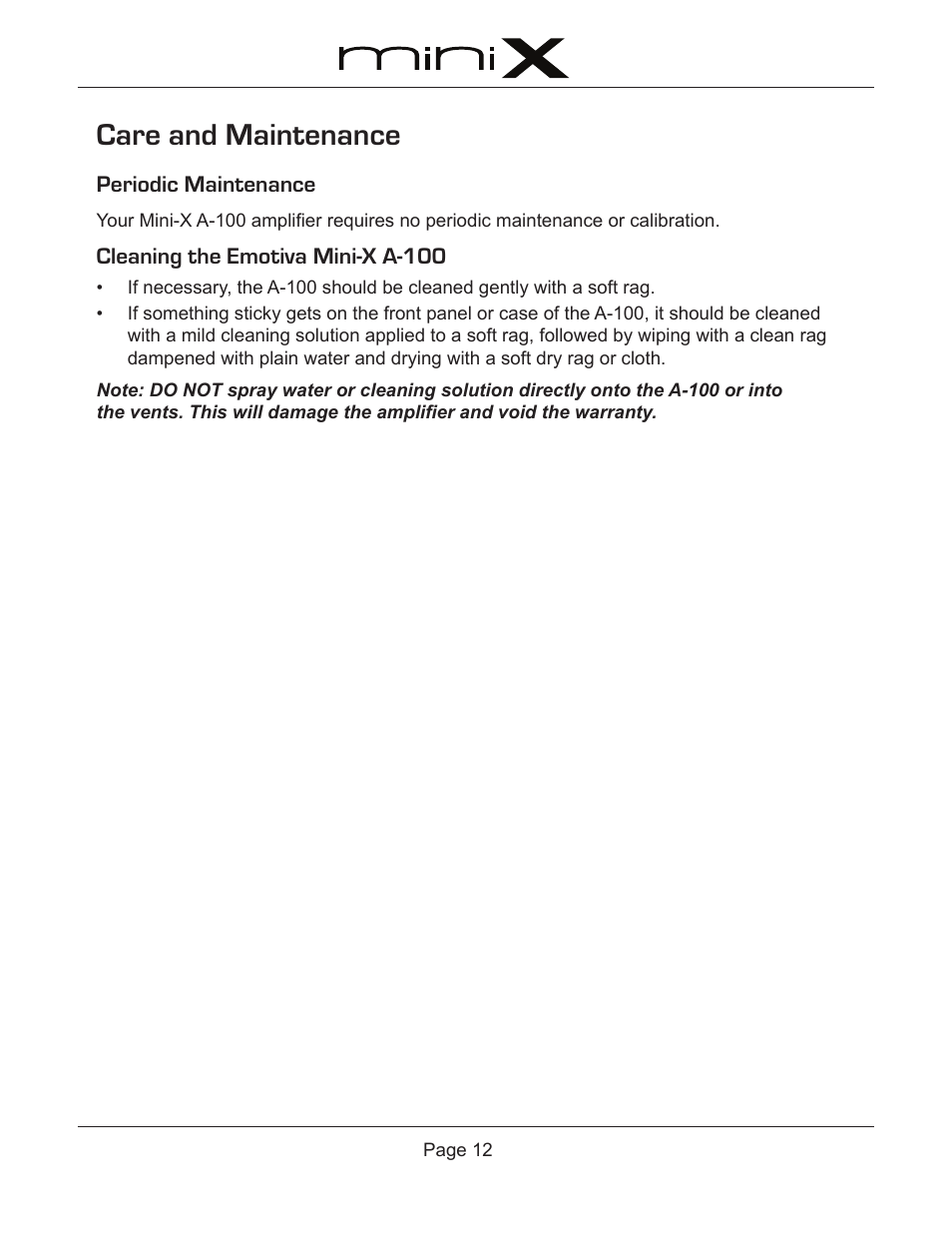 Care and maintenance | Emotiva A-100 User Manual | Page 16 / 24