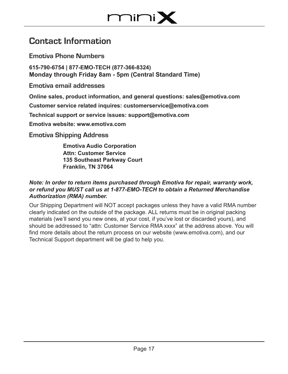 Contact information, Emotiva phone numbers, Emotiva email addresses | Emotiva shipping address | Emotiva A-100 User Manual | Page 21 / 24