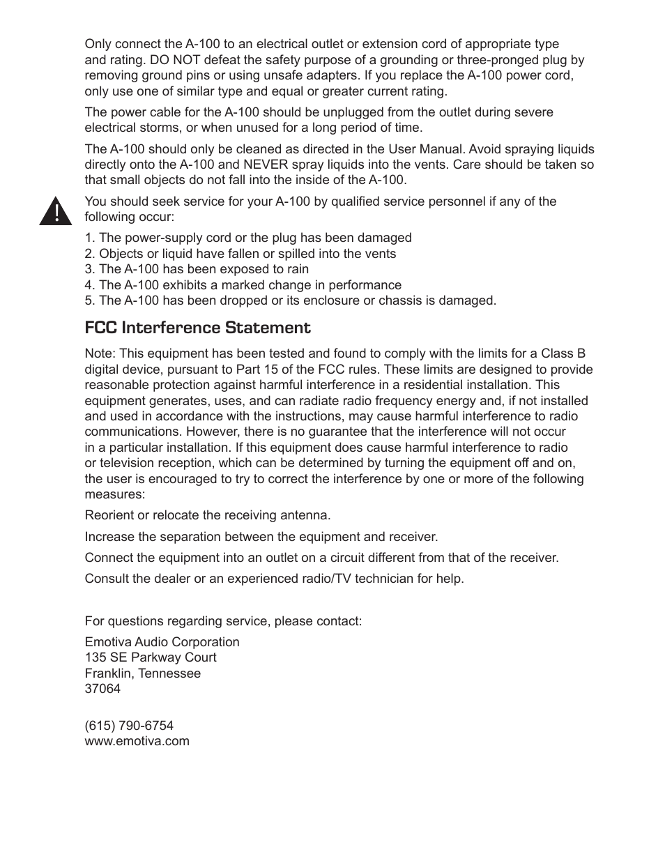 Fcc interference statement | Emotiva A-100 User Manual | Page 4 / 24