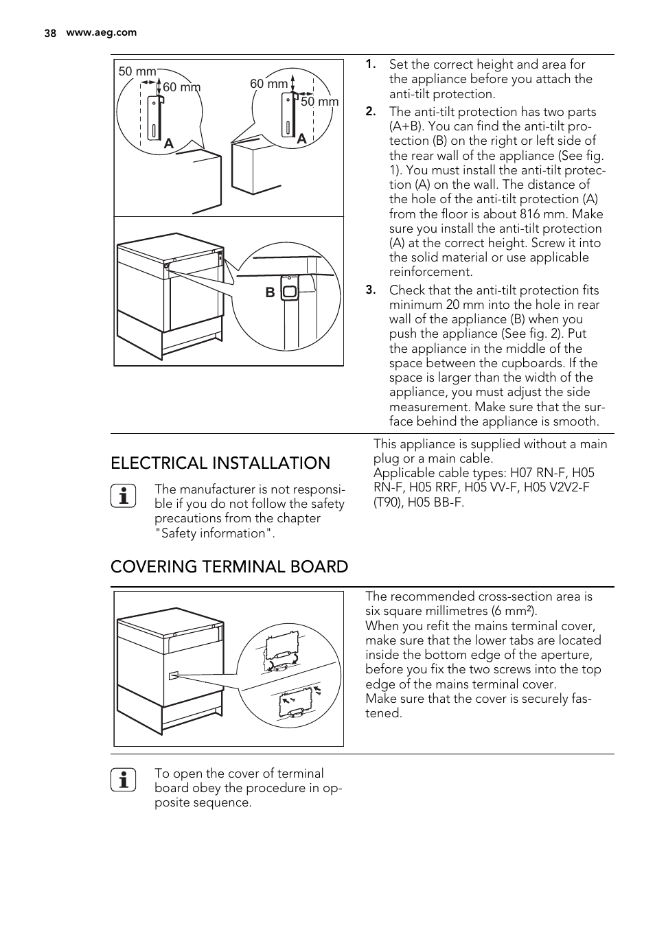Electrical installation, Covering terminal board | AEG 49002VMN User Manual | Page 38 / 44